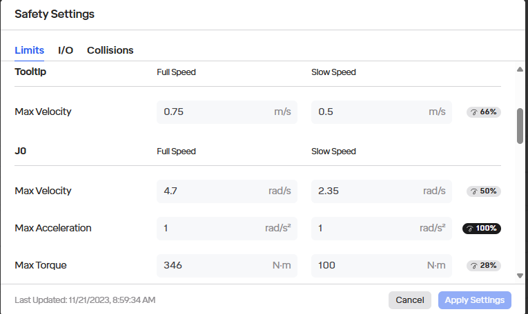 Editing custom limits in Safety Settings