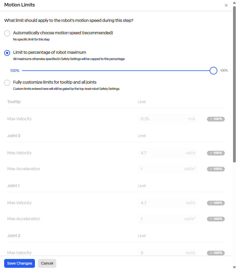 Editing speed limits applied to an individual step
